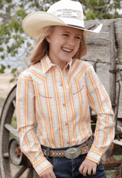 Cinch Cinch Girl's Orange Striped Long Sleeve Shirt