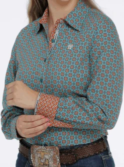 Cinch Cinch Women's Teal Patterned Long Sleeve Shirt