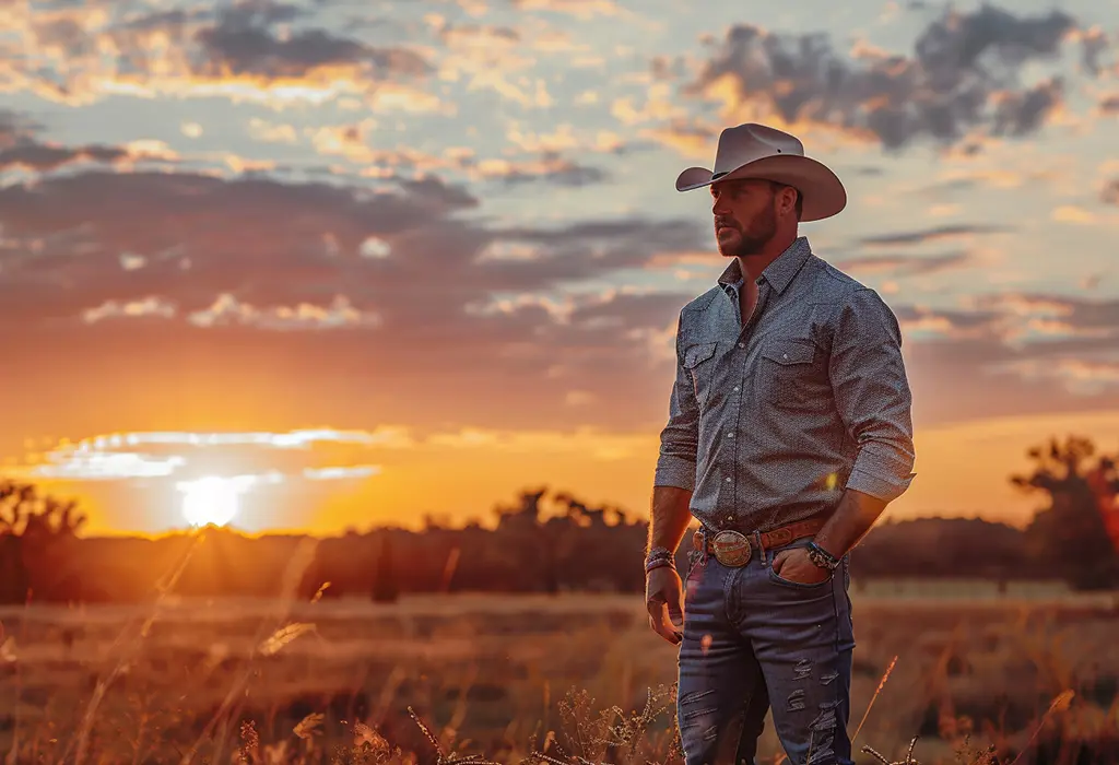 Corral Western -Corral Western man wearing a western shirt with cowboy jeans and cowboy boots